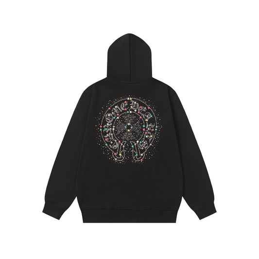 Colorful Rhinestone Hoodie - Black Gothic Street Sweatshirt 2608