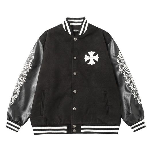 Cross Embroidered Leather Sleeve Varsity Jacket - Black Street Style 116