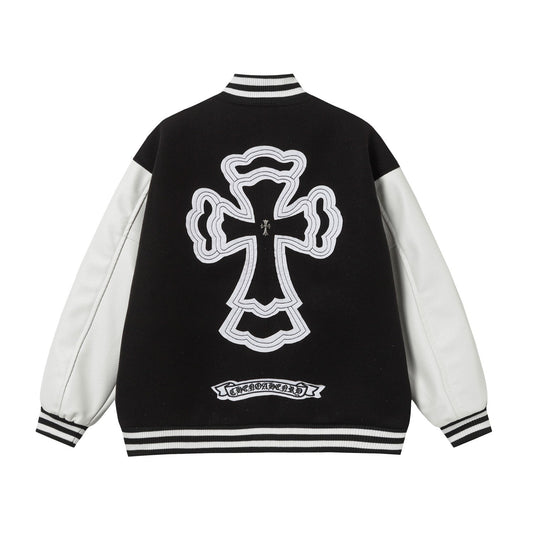 Layered Cross Varsity Jacket - Black White Street Style Outerwear 2208