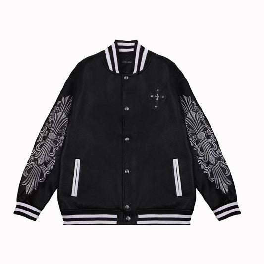Embroidered Sleeve Varsity Jacket - Black Streetwear Coat 5577