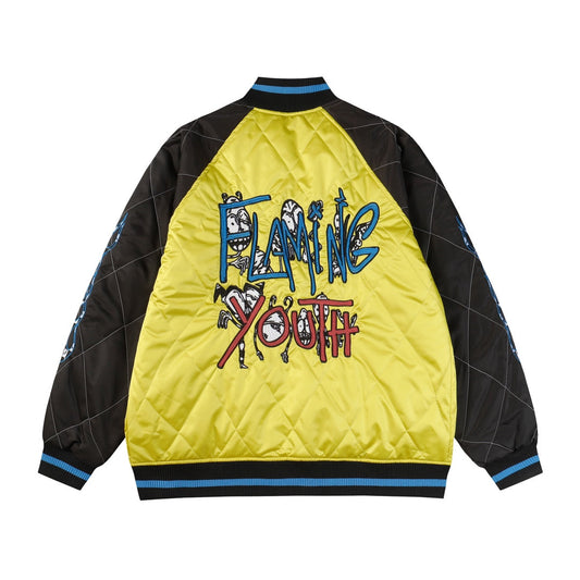 Flaming Youth Bomber Jacket - Yellow Black Graphic Street Coat D10