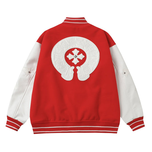 Red Cross Varsity Jacket - White Sleeve Gothic Street Baseball Coat D68